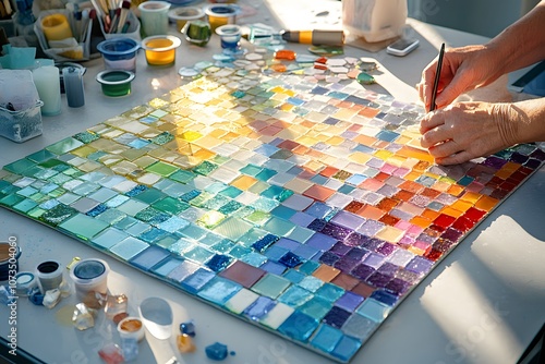 Glass mosaic artist creating art photo