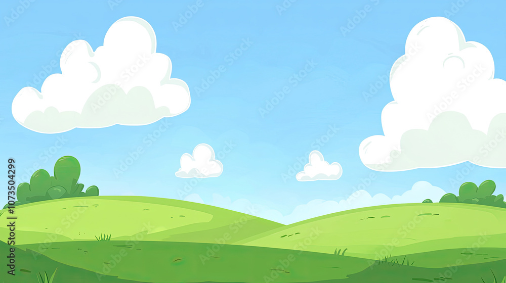Bright green hills under clear blue sky with fluffy white clouds create serene landscape. This cheerful scene evokes sense of peace and tranquility in nature Bright green hills under clear blue sky with fluffy white clouds create serene landscape. This cheerful scene evokes sense of peace and tranquility in nature