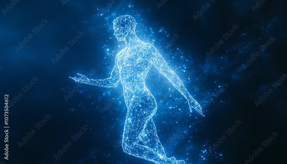 Futuristic wireframe of an athlete in motion, glowing blue against a dark blue background, symbolizing digital technology for fitness training and exercise, Generative AI Futuristic wireframe of an athlete in motion, glowing blue against a dark blue background, symbolizing digital technology for fitness training and exercise, Generative AI