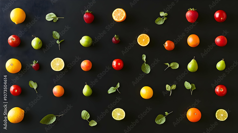 A flat lay of fresh fruits and vegetables arranged in a grid pattern on a black surface. A flat lay of fresh fruits and vegetables arranged in a grid pattern on a black surface.