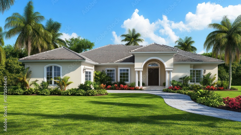 Elegant Mediterranean-Style Home with Arched Entrance, Palm Trees, and Lush Green Lawn Elegant Mediterranean-Style Home with Arched Entrance, Palm Trees, and Lush Green Lawn