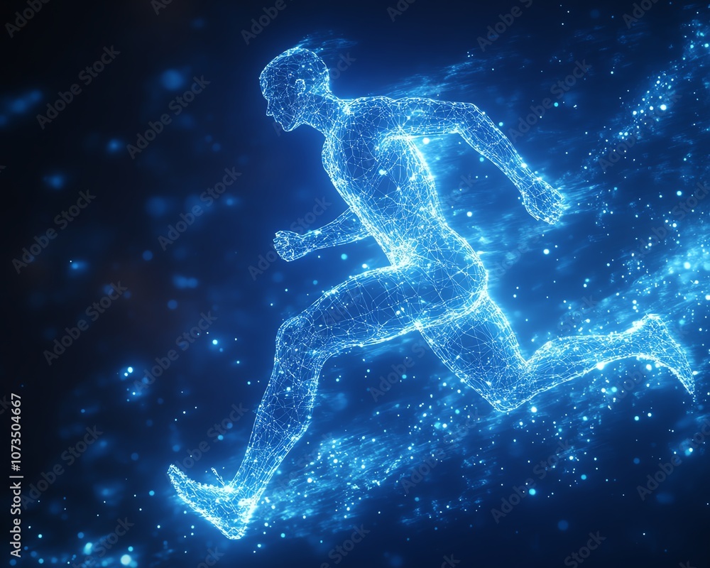 Glowing blue wireframe of a runner in midstride, set against a dark blue background, symbolizing digital fitness and health care technology for athletic training, Generative AI Glowing blue wireframe of a runner in midstride, set against a dark blue background, symbolizing digital fitness and health care technology for athletic training, Generative AI