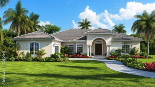 Elegant Mediterranean-Style Home with Arched Entrance, Palm Trees, and Lush Green Lawn