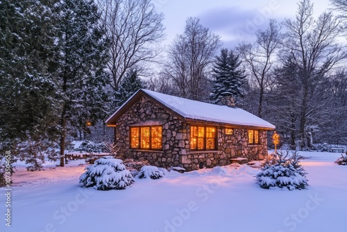 A quaint stone cottage with glowing windows sits peacefully in a snowy landscape, surrounded by frosty trees and illuminated by warm holiday lights