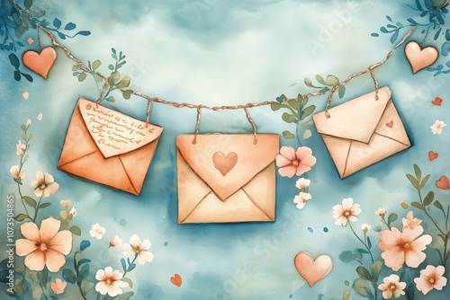 A charming watercolor illustration of love letters and hearts hanging on a twine garland with flowers and greenery, evoking a romantic and whimsical atmosphere in pastel tones photo