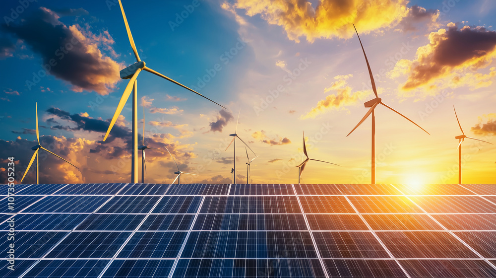 Renewable Energy Landscape with Solar Panels and Wind Turbines Renewable Energy Landscape with Solar Panels and Wind Turbines