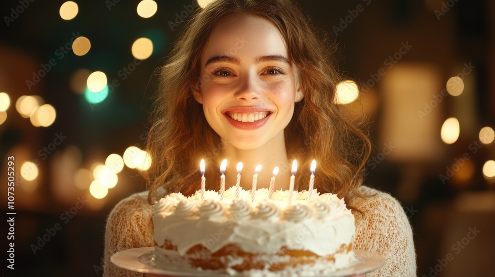 Young woman celebrating with a birthday cake and candles Young woman celebrating with a birthday cake and candles