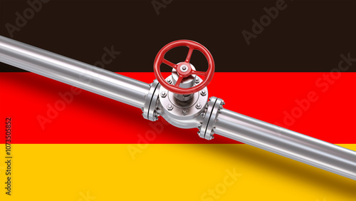 Gas pipe with Germany flag. Pipeline for gas supplies. Oil pipe with red valve. Gas pipe for export to Germany. Import of energy resources through pipes. Methane export to Germany. 3d image photo