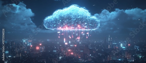 A cloud surrounded by glowing digital icons, floating above a modern urban city landscape, representing connectivity and technology in a futuristic city, Generative AI