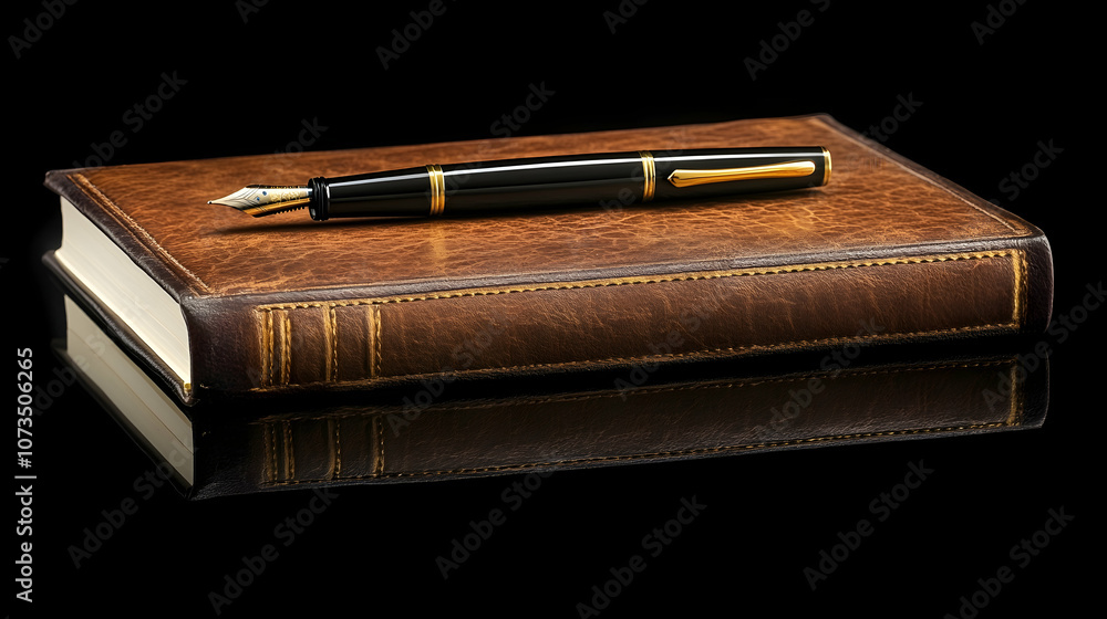 A fountain pen rests atop a leather-bound journal, against a black background. A fountain pen rests atop a leather-bound journal, against a black background.