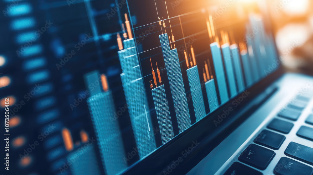 Data visualization on laptop screen showing bar graphs and charts, representing financial analysis and market trends. warm light adds dynamic feel to scene Data visualization on laptop screen showing bar graphs and charts, representing financial analysis and market trends. warm light adds dynamic feel to scene