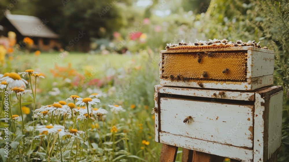 A beekeeping hive surrounded by blooming flowers in a garden, with bees actively working on the honeycomb during summer. A beekeeping hive surrounded by blooming flowers in a garden, with bees actively working on the honeycomb during summer.