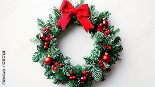 Christmas Wreath Isolated on White Background - a festive and charming visual. The Christmas wreath isolated on the white background creates a simple yet elegant look. It gives the impression of a hol