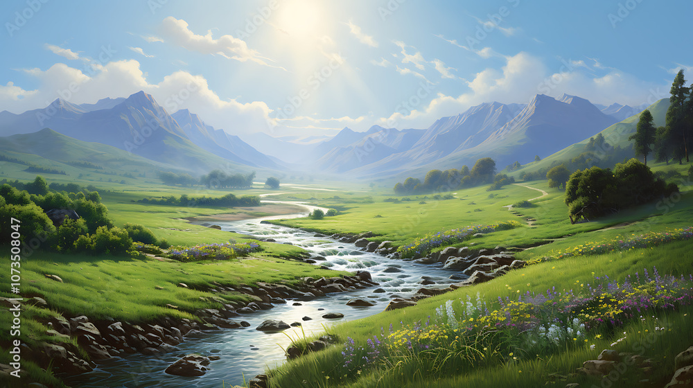 Fototapeta premium Lush Green Valley with Winding River and Sunlit Wildflowers