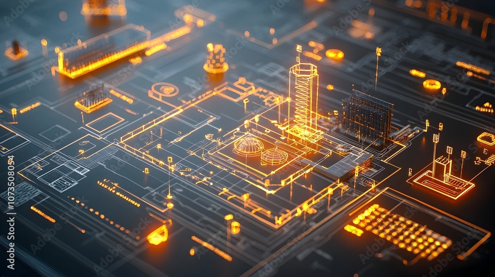 Fototapeta premium Detailed glowing blueprint displaying innovative cutting edge solutions for complex construction projects highlighting the future of engineering and architectural design