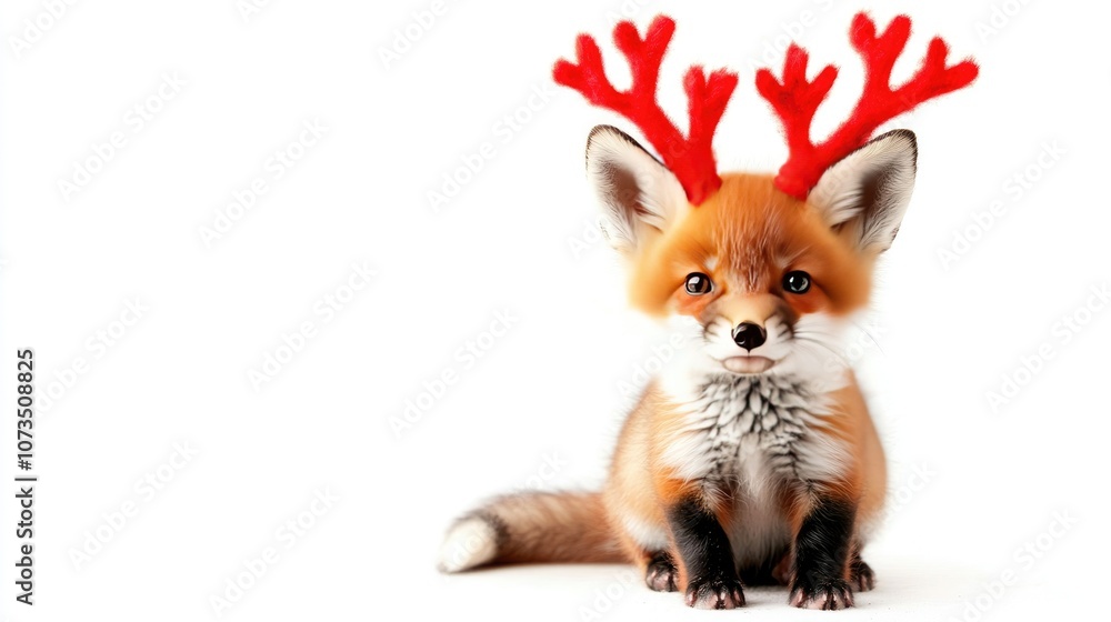 Obraz premium Cheerful Fox Cub with Red Antlers Sitting Cutely