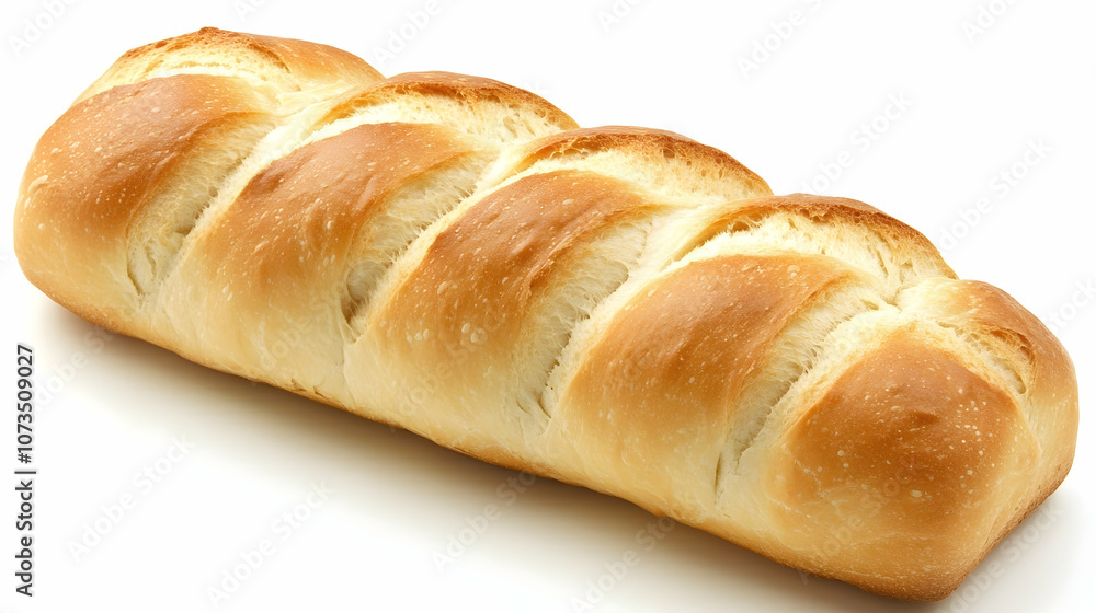 A freshly baked loaf of white bread with a golden crust and a soft, fluffy interior.