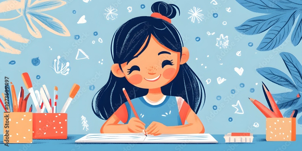 Naklejka premium Smiling Girl Drawing in Art Class
