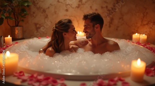 Luxurious bubble bath filled with frothy bubbles, surrounded by candles and rose petals. Soft lighting creates a warm and inviting atmosphere, while a couple enjoys the moment together photo