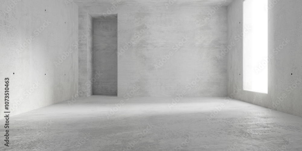 Abstract empty, modern concrete room with window onthe right, niche in the back and rough floor - industrial interior background template Abstract empty, modern concrete room with window onthe right, niche in the back and rough floor - industrial interior background template