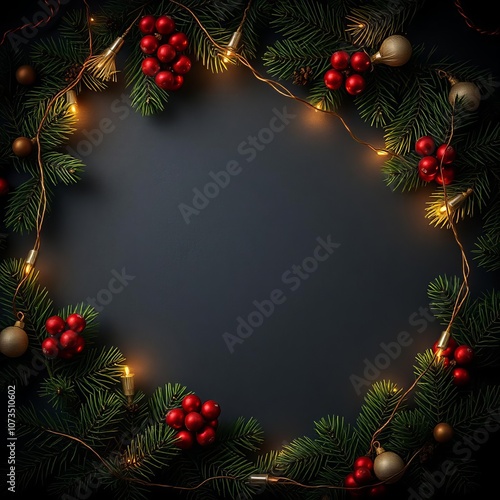 Christmas decoration with fir branches on a dark shale backgroun frame christmas isolated