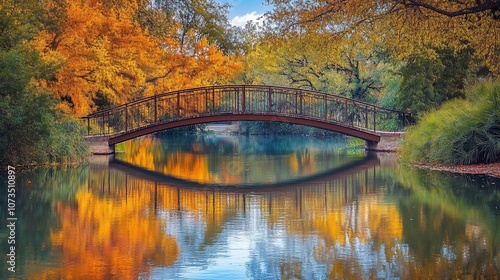 A small wooden bridge over a calm pond with golden leaves reflecting in the water.