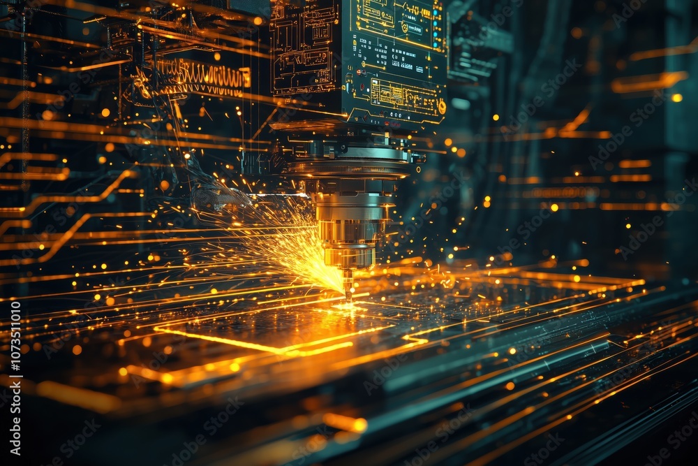 A precision CNC milling machine in action, sparks fly as it skillfully cuts through metal in a high-tech environment. A precision CNC milling machine in action, sparks fly as it skillfully cuts through metal in a high-tech environment.
