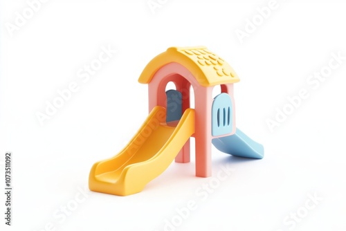 Adorable 3D Cartoon Playground Slide with Yellow Roof, Low Angle View, Vibrant Pastel Colors on White Background photo