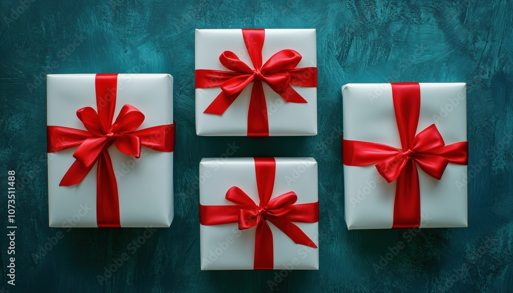 Fototapeta premium Winter Holiday Xmas Theme: Merry Christmas And Happy Holidays Greeting Card With White Christmas Gifts, Red Ribbons, And Ornaments On Blue Background.