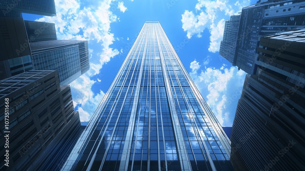 Low angle view of a tall skyscraper in a city with blue sky and clouds. Low angle view of a tall skyscraper in a city with blue sky and clouds.