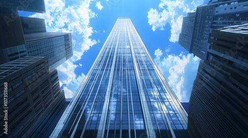 Wallpaper Mural Low angle view of a tall skyscraper in a city with blue sky and clouds. Torontodigital.ca