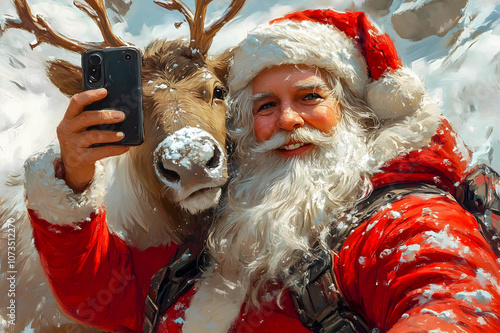 Père Noël faisant un selfie avec un renne photo