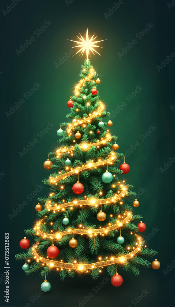 Festive Christmas tree adorned with lights and ornaments against a dark green background Festive Christmas tree adorned with lights and ornaments against a dark green background