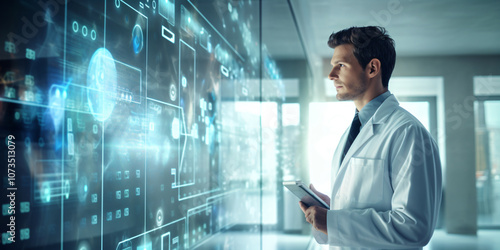 Portrait of confident male doctor in white coat and working with futuristic interface.