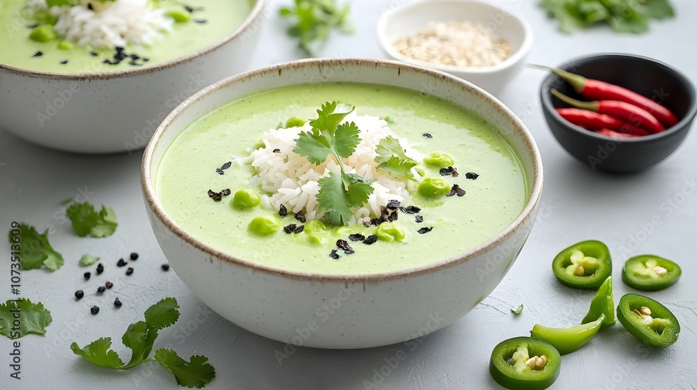 Delectable Thai green curry with fluffy white rice garnished with an array of fresh herbs chilies and spices creating a visually appealing and flavor packed culinary masterpiece Delectable Thai green curry with fluffy white rice garnished with an array of fresh herbs chilies and spices creating a visually appealing and flavor packed culinary masterpiece