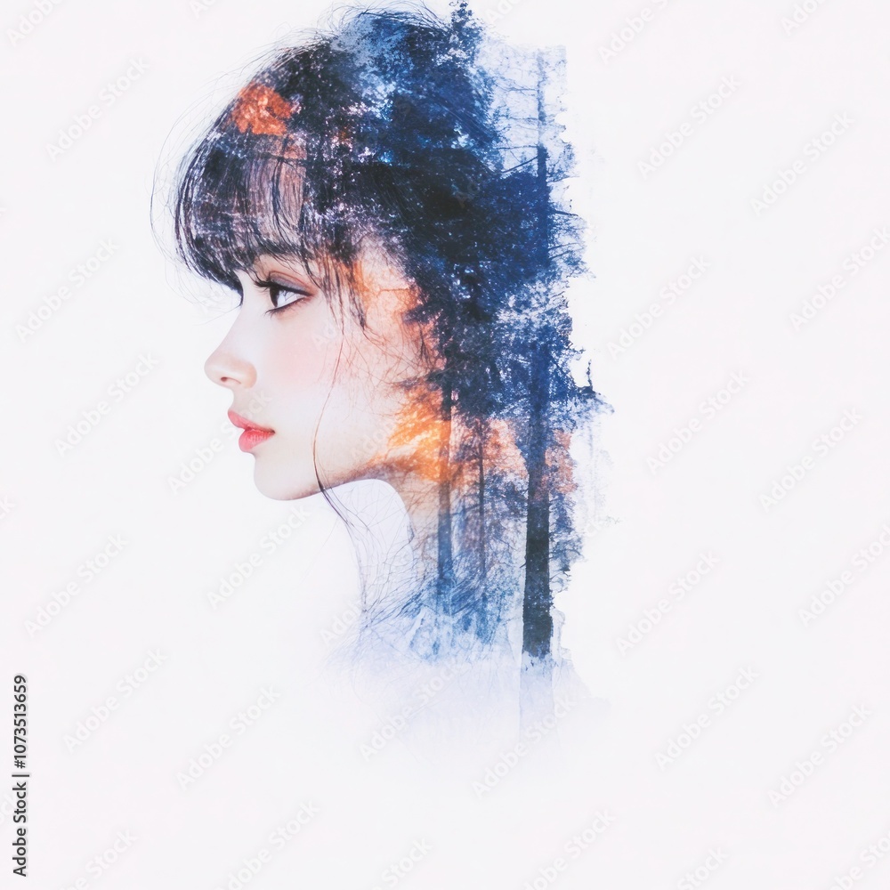 Nature's Reflection: Double Exposure of Young Woman in Blue and Orange Watercolor, Mental Health Portrait with Forest Background and Copy Space Nature's Reflection: Double Exposure of Young Woman in Blue and Orange Watercolor, Mental Health Portrait with Forest Background and Copy Space