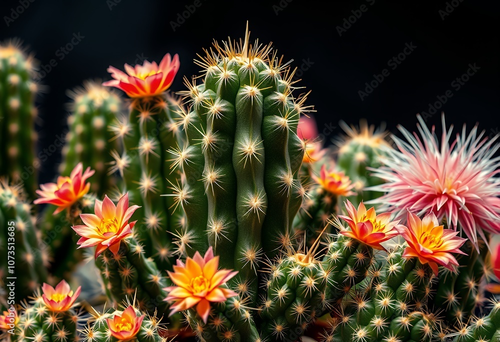 Blooming Cactus Flowers Desert Plant Green Spines Nature Closeup Blooming Cactus Flowers Desert Plant Green Spines Nature Closeup