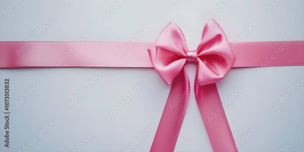 A shiny pink ribbon with a bow rests elegantly on a smooth white background creating a soft and delicate appearance A shiny pink ribbon with a bow rests elegantly on a smooth white background creating a soft and delicate appearance