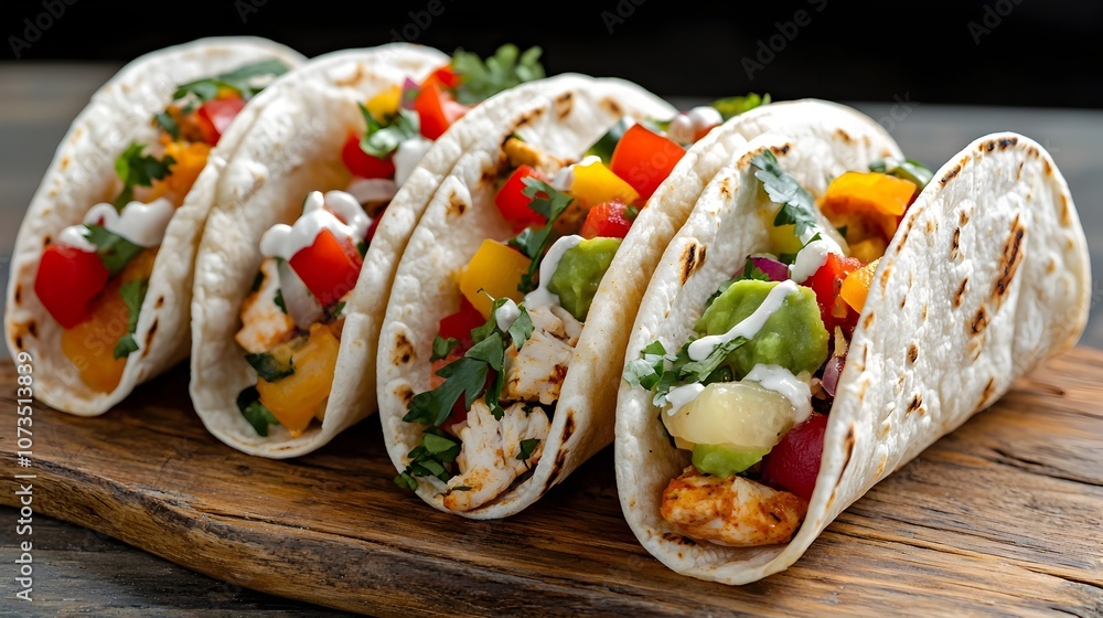 Mouth watering Mexican Tacos Featuring a Variety of Colorful Toppings Arranged on a Rustic Wooden Background Capturing a Festive and Appetizing Vibe Mouth watering Mexican Tacos Featuring a Variety of Colorful Toppings Arranged on a Rustic Wooden Background Capturing a Festive and Appetizing Vibe