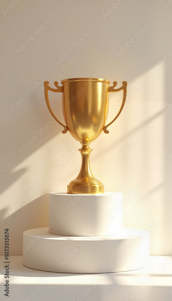 Shiny golden trophy on podium, symbol of achievement and success in minimalist style Shiny golden trophy on podium, symbol of achievement and success in minimalist style