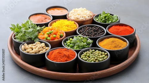 Vibrant and Flavorful Indian Thali Platter Featuring an Assortment of Spiced Curries Lentils Rice Chutneys and Traditional Garnishes in Small Serving Bowls