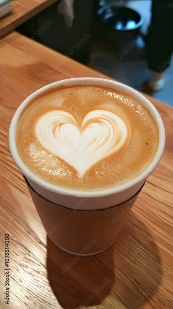 A tall cup of coffee features intricate heart-shaped latte art on a wooden table, showcasing warmth and craft in a cozy café setting A tall cup of coffee features intricate heart-shaped latte art on a wooden table, showcasing warmth and craft in a cozy café setting