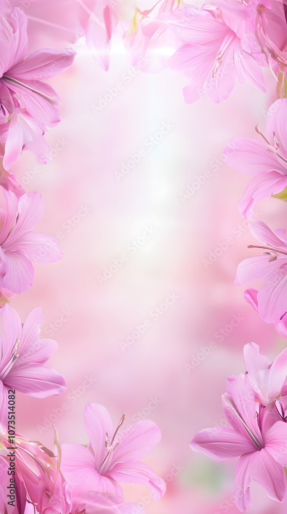 A vertical pink floral border frames an empty space, featuring vibrant flowers and a soft, dreamy background that evokes a peaceful and romantic mood A vertical pink floral border frames an empty space, featuring vibrant flowers and a soft, dreamy background that evokes a peaceful and romantic mood