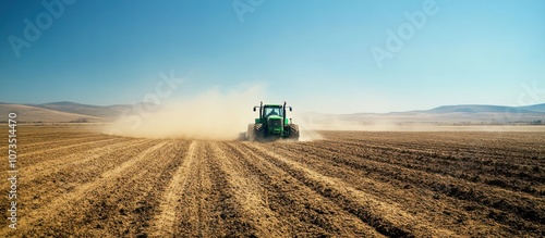 A green tractor drives through a field of plowed land, kicking up dust on a clear day.