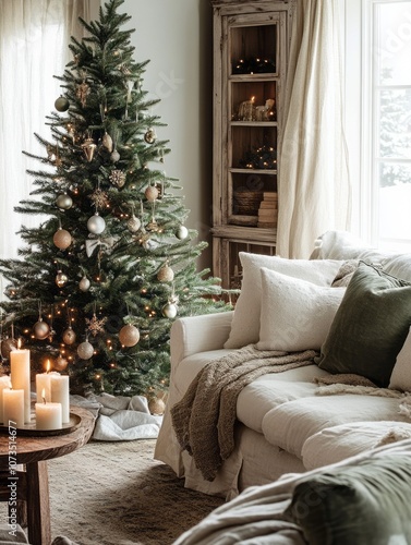 Decorated Christmas Tree with Candles and a Cozy Couch in a Room with a Window