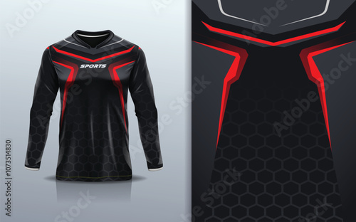 Sport jersey long sleeve design template mockup stripe line racing for motocross motorcycle football soccer, racing, e sports, red black color