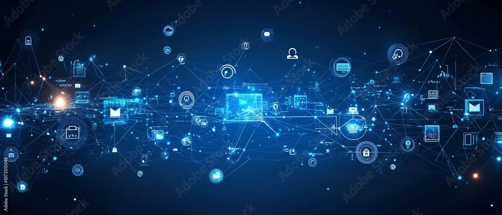 Obraz premium Abstract blue digital network with people icons floating across a connected web, showcasing social media and technological connectivity, Generative AI