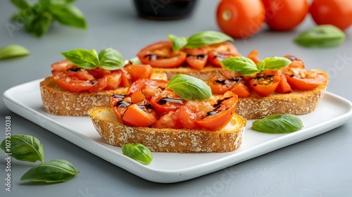 Delectable Italian bruschetta showcasing the fresh flavors of ripe tomatoes fragrant basil and a tantalizing balsamic drizzle  A vibrant and appetizing Mediterranean inspired dish photo