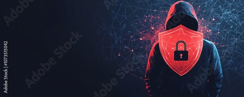 A silhouette of a man in a black hoodie, with a red shield and padlock icon on a dark blue background, conveying the concept of cyber security and digital defense, Generative AI photo