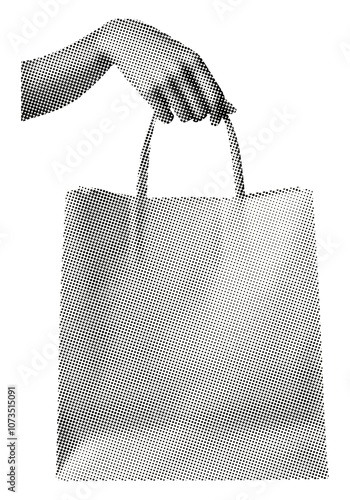 hand holding paper shopping bag isolated retro halftone grunge dotted cut-out collage element for mixed media design
